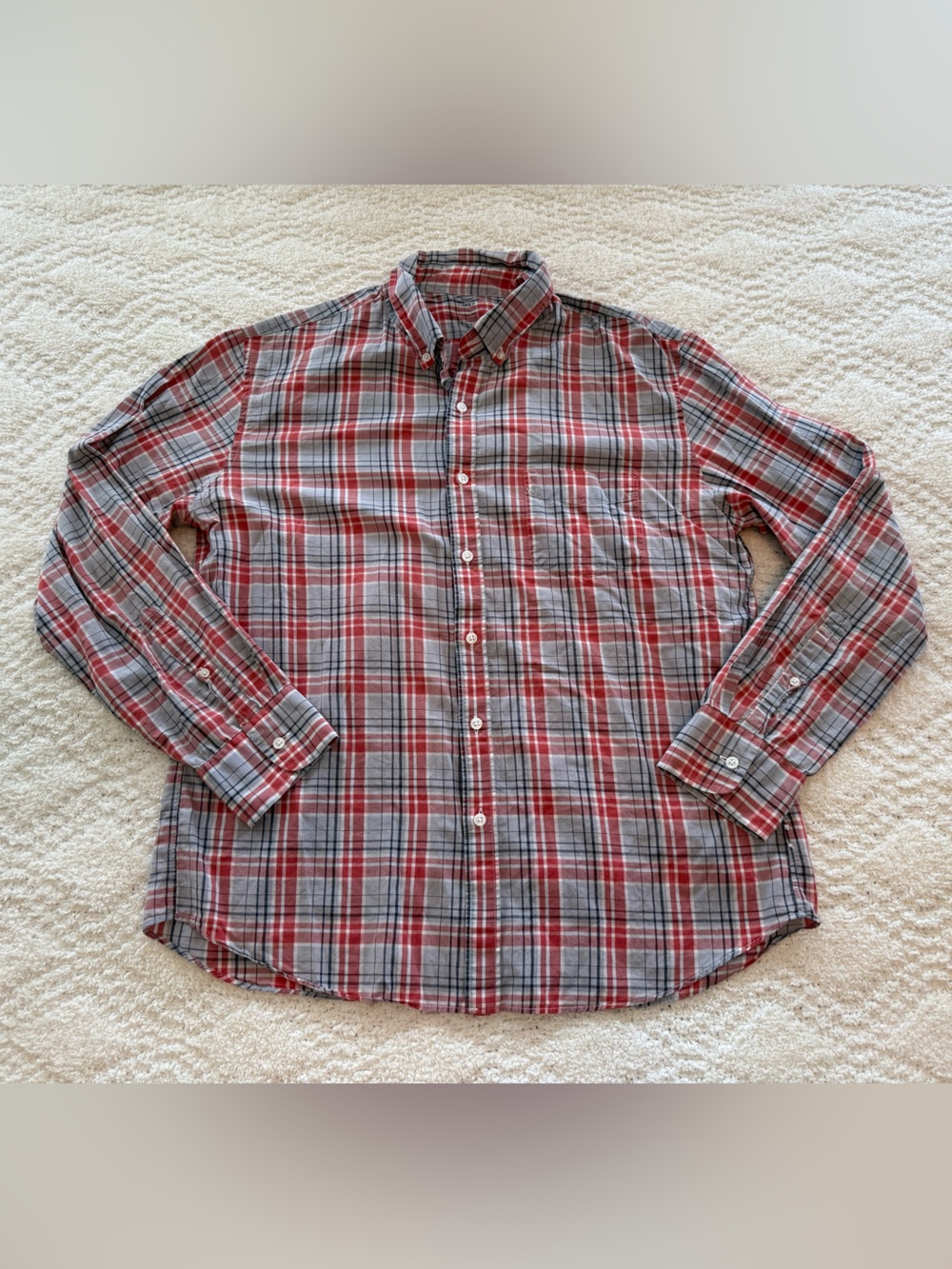 J. Crew Red and Gray Plaid lightweight chambray Button-Down Shirt